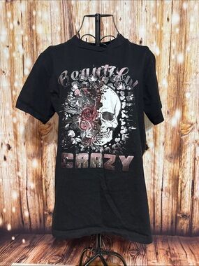 Women's Black 'Beautiful Crazy' Graphic Tee with Rose Skull